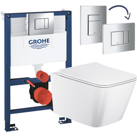 Gloss White Rimless Square Wall Hung Toilet with Grohe Rapid 0.82m Low Height Concealed Cistern Frame Set