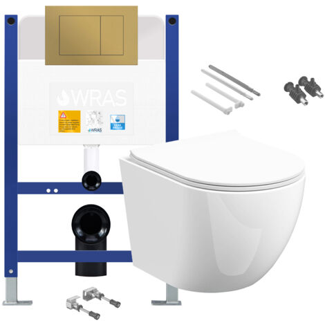 Gloss White Rimless D Shape Wall Hung Toilet with Low Height 0.75m Concealed Cistern Frame Set - Brushed Gold Plate