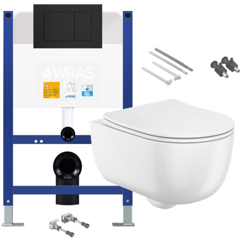 Gloss White Rimless Wall Hung Toilet with Low Height 0.75m Concealed Cistern Frame Set - Matt Black Plate