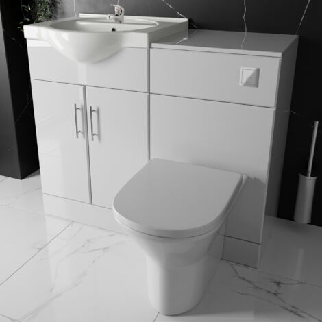 Bathroom Furniture Suite Cloakroom Vanity Unit Basin Sink and Back to Wall Toilet WC with Cistern, Plate, Tap, Waste - 1050mm