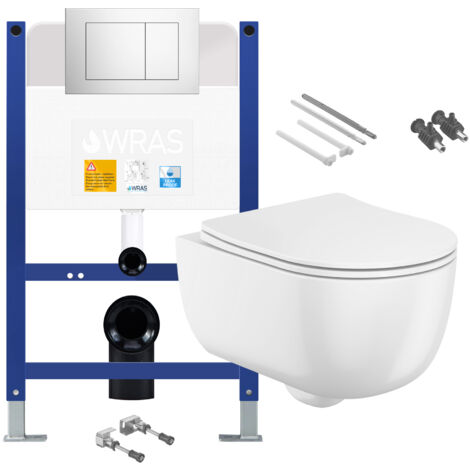 Gloss White Rimless Wall Hung Toilet with Low Height 0.75m Concealed Cistern Frame Set - Chrome Plate (1/4)