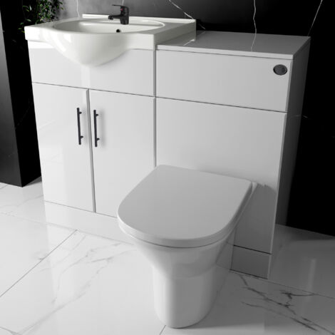 Bathroom Furniture Suite Cloakroom Vanity Unit Basin Sink and Back to Wall Toilet WC with Cistern, Plate, Tap, Waste - 1050mm (1/3)