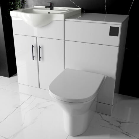 Bathroom Furniture Suite Cloakroom Vanity Unit Basin Sink and Back to Wall Toilet WC with Cistern, Plate, Tap, Waste - 1050mm