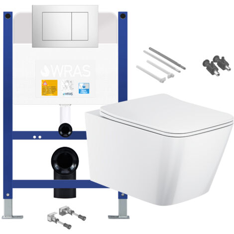 Gloss White Rimless Square Wall Hung Toilet with Low Height 0.75m Concealed Cistern Frame Set - Chrome Plate