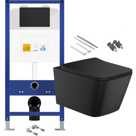 Matt Black Rimless Square Wall Hung Toilet with 1.10m Concealed Cistern Frame Set