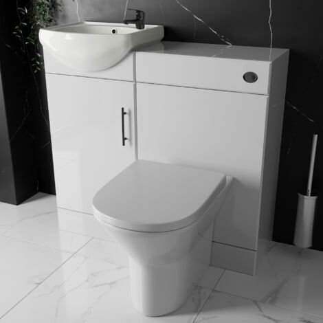 Bathroom Furniture Suite Cloakroom Vanity Unit Basin Sink and Back to Wall Toilet WC with Cistern, Plate, Tap, Waste - 900mm