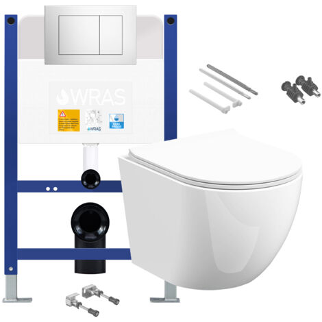 Gloss White Rimless D Shape Wall Hung Toilet with Low Height 0.75m Concealed Cistern Frame Set - Chrome Plate