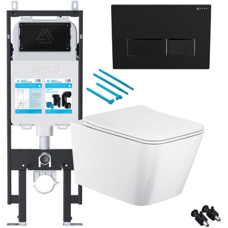 Gloss White Rimless Square Wall Hung Toilet with 1.14m Concealed Cistern Frame Set - Black Plate (1/4)