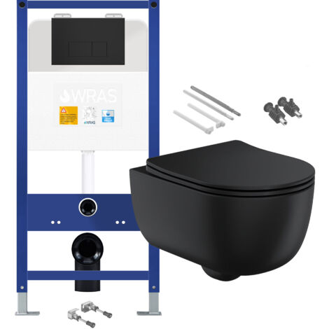 Matt Black Rimless Wall Hung Toilet with 1.10m Concealed Cistern Frame Set