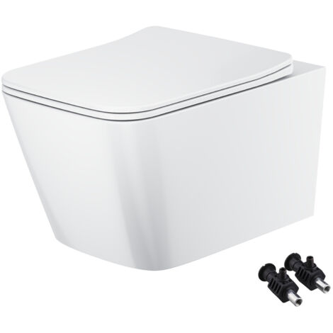 Gloss White Rimless Square Wall Hung Toilet Pan with Soft Close Seat - Hidden Fixations