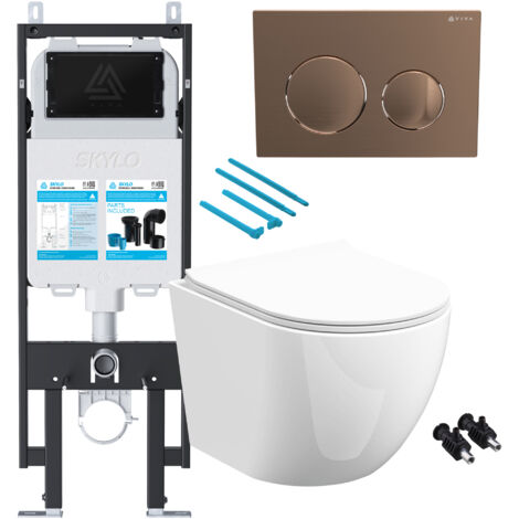 Gloss White Rimless D Shape Wall Hung Toilet with 1.14m Concealed Cistern Frame Set - Brushed Copper Plate