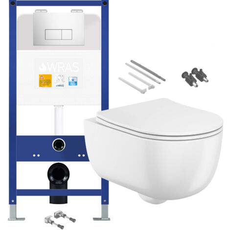 Gloss White Rimless Wall Hung Toilet with 1.10m Concealed Cistern Frame Set - Chrome Plate