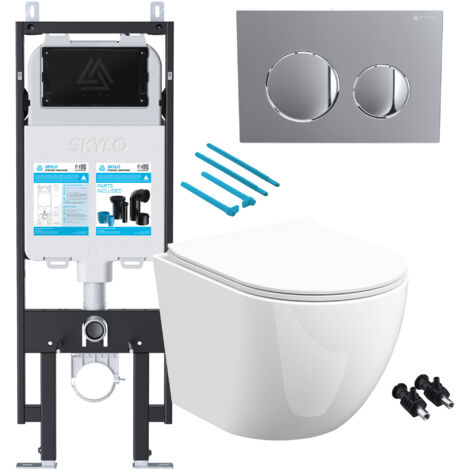 Gloss White Rimless D Shape Wall Hung Toilet with 1.14m Concealed Cistern Frame Set - Chrome Plate (1/4)