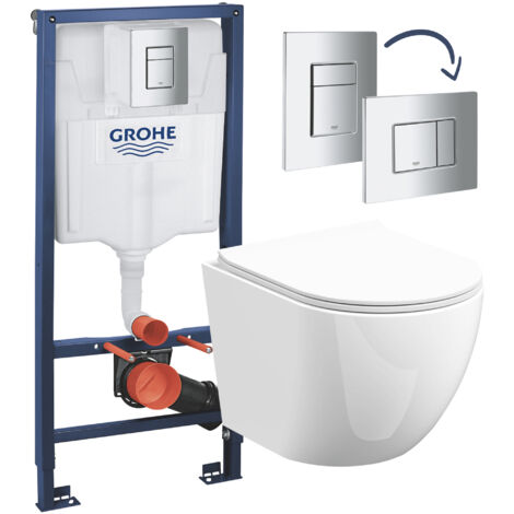 Gloss White Rimless D Shape Wall Hung Toilet with Grohe Rapid 1.13m Concealed Cistern Frame Set