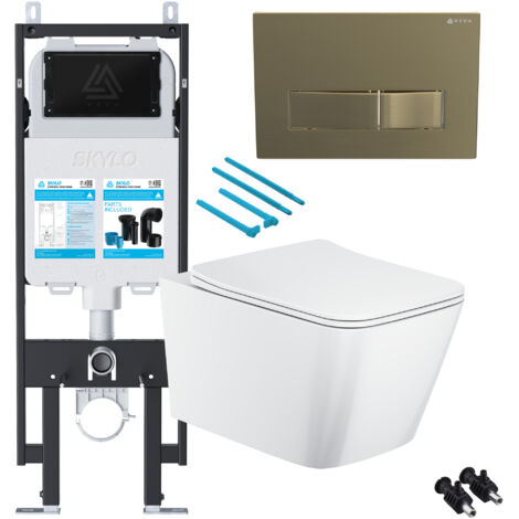 Gloss White Rimless Square Wall Hung Toilet with 1.14m Concealed Cistern Frame Set - Brushed Brass Plate (1/4)