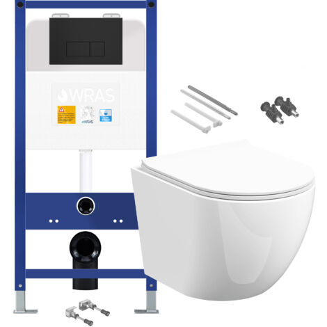 Gloss White Rimless D Shape Wall Hung Toilet with 1.10m Concealed Cistern Frame Set - Matt Black Plate