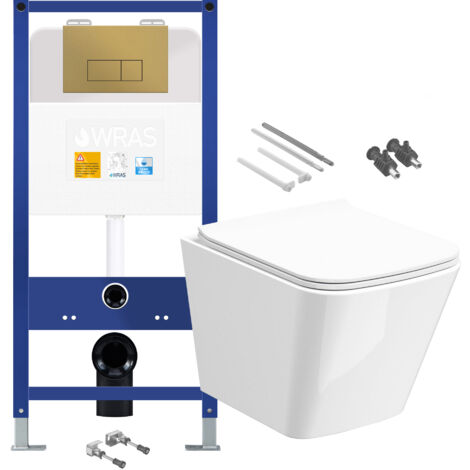 Gloss White Rimless Compact Square Wall Hung Toilet with 1.10m Concealed Cistern Frame Set - Brushed Gold Plate (1/4)