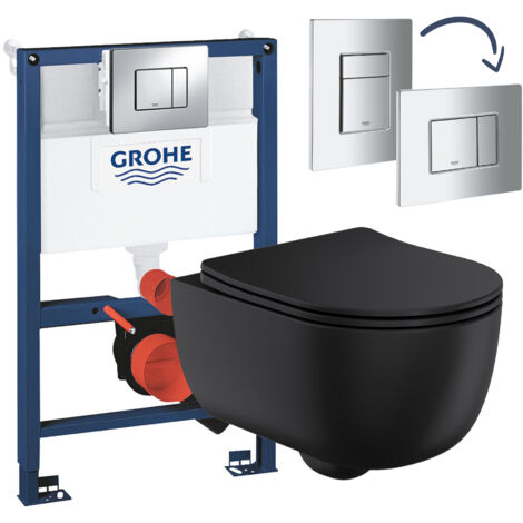 Matt Black Rimless Wall Hung Toilet with Grohe Rapid 0.82m Low Height Concealed Cistern Frame Set - Chrome Plate