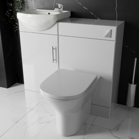 Bathroom Furniture Suite Cloakroom Vanity Unit Basin Sink and Back to Wall Toilet WC with Cistern, Plate, Tap, Waste - 900mm (1/3)