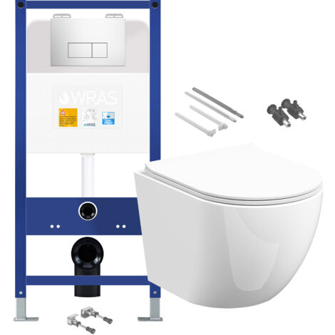 Gloss White Rimless D Shape Wall Hung Toilet with 1.10m Concealed Cistern Frame Set - Chrome Plate