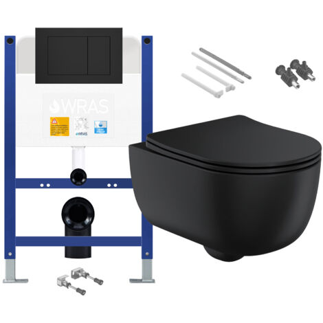 Matt Black Rimless Wall Hung Toilet with Low Height 0.75m Concealed Cistern Frame Set