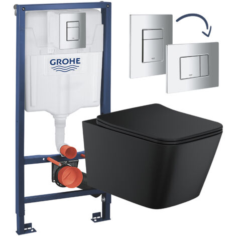 Matt Black Rimless Square Wall Hung Toilet with Grohe Rapid 1.13m Concealed Cistern Frame Set - Chrome Plate (1/4)