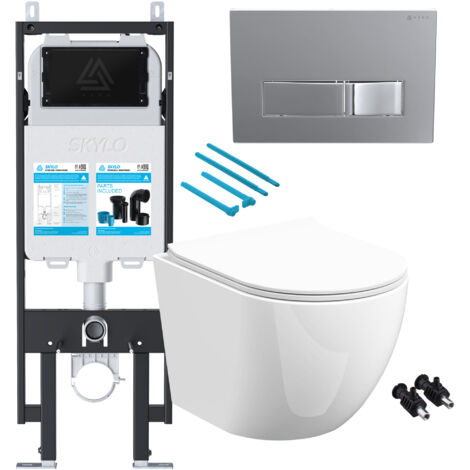 Gloss White Rimless D Shape Wall Hung Toilet with 1.14m Concealed Cistern Frame Set - Chrome Plate (1/4)