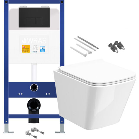 Gloss White Rimless Compact Square Wall Hung Toilet with 1.10m Concealed Cistern Frame Set - Matt Black Plate