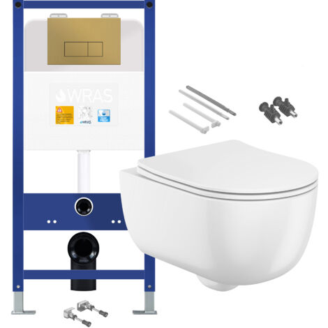 Gloss White Rimless Wall Hung Toilet with 1.10m Concealed Cistern Frame Set - Brushed Gold Plate (1/4)
