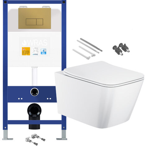 Gloss White Rimless Square Wall Hung Toilet with 1.10m Concealed Cistern Frame Set - Brushed Gold Plate