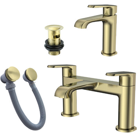 Brushed Brass Basin Sink Tap & Bath Filler Set with Matching Waste Plugs
