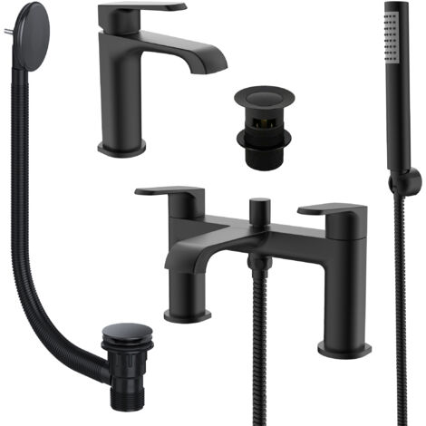 Matt Black Basin Sink Tap & Bath Shower Mixer Set with Matching Waste Plugs