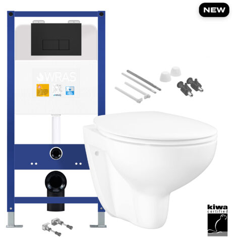 Gloss White Wall Hung Toilet with 1.10m Concealed Cistern Frame Set - Matt Black Plate