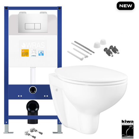 Gloss White Wall Hung Toilet with 1.10m Concealed Cistern Frame Set - Polished Chrome Plate