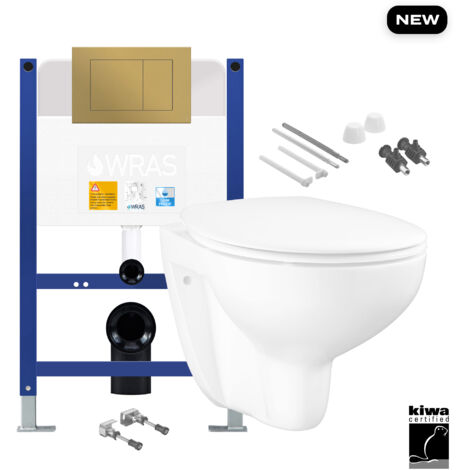 Gloss White Wall Hung Toilet with Low Height 0.75m Concealed Cistern Frame Set - Brushed Gold Plate