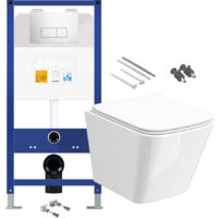 Gloss White Rimless Compact Square Wall Hung Toilet with 1.10m Concealed Cistern Frame Set - Chrome Plate