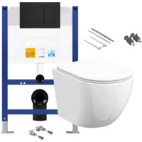 Gloss White Rimless D Shape Wall Hung Toilet with Low Height 0.75m Concealed Cistern Frame Set - Matt Black Plate