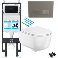 Gloss White Rimless Wall Hung Toilet with 1.14m Concealed Cistern Frame Set - Brushed Nickel Plate