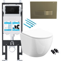 Gloss White Rimless D Shape Wall Hung Toilet with 1.14m Concealed Cistern Frame Set - Brushed Brass Plate