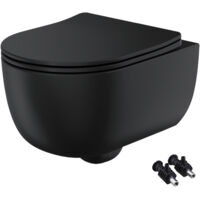 Matt Black Rimless Wall Hung Toilet Pan with Soft Close Seat - Hidden Fixations