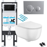 Gloss White Rimless Wall Hung Toilet with 1.14m Concealed Cistern Frame Set - Chrome Plate