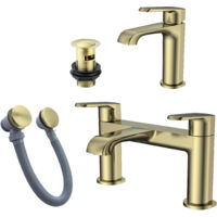Brushed Brass Basin Sink Tap & Bath Filler Set with Matching Waste Plugs