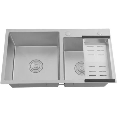 Fregadero de cocina doble de acero inoxidable cepillado con escurridor, fregadero doble, 78 x 43 x 21 cm