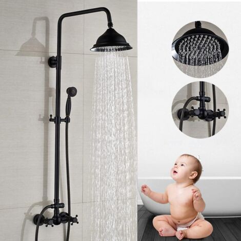 Juego de ducha con sistema de ducha de mano, color negro, retro, giratorio, montaje en pared, ducha de lluvia de acero inoxidable, altura ajustable 90-118 cm