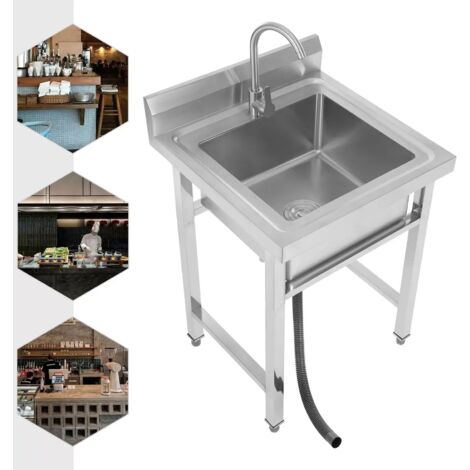 Fregadero independiente de acero inoxidable, 1 cuenco, 60 x 60 x 93 cm, fregadero comercial con grifo giratorio de 360°, para exterior, interior, cocina, restaurante