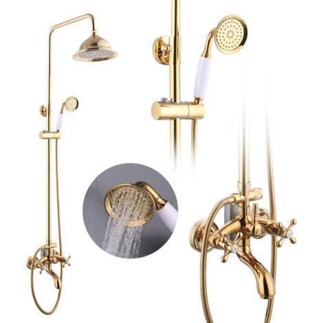 Columna de ducha termostática colgante de pared, Grifo de Ducha Redondo Retro, Sistema de Lluvia y Mano Con Altura Ajustable, Moderno Dorado de Latón Antiguo Para Pared