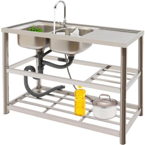 Fregadero de cocina de acero inoxidable, De pie libre doble tazón fregadero de uso con 2 compartimentos y mesa de preparación, para restaurante, cocina, hotel, bar, garaje (1/5)