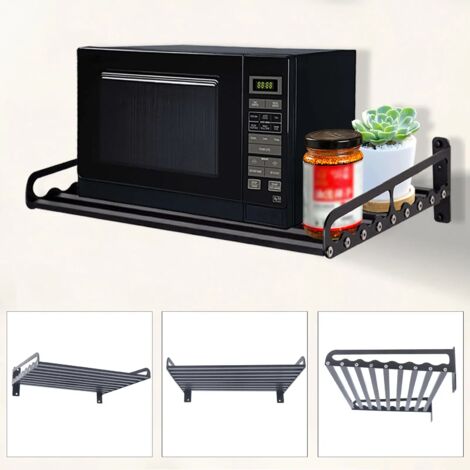 Soporte de pared de aluminio para microondas, estante de pared para microondas, estante de microondas negro, 50 x 39,5 cm, soporte para microondas, estante de acero inoxidable, soporte para