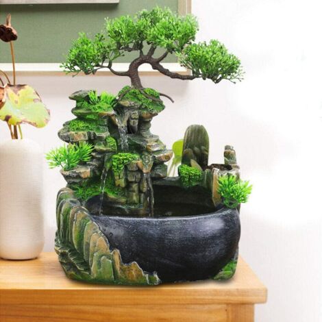 Fuente de interior con iluminación LED Fuente de mesa Sala de estar Oficina Cascada Desktop Bonsai Ornament Fuente Mesa Cascada Fuente de escritorio con Plantas Decoración (sin Niebla)