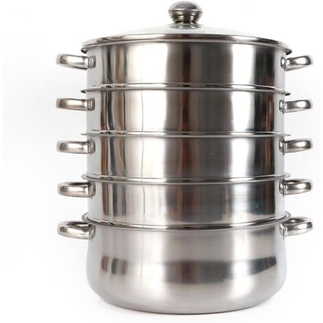 Juego de ollas de vapor (5 niveles, acero inoxidable, tapa de acero inoxidable, olla sopera orgánica, para cocina de inducción, 26 cm)